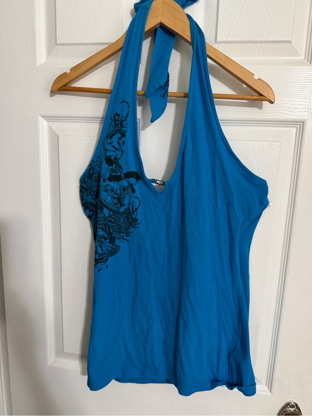 FOX Blue Halter Tank Top with Black Graphic Print - Women, XL